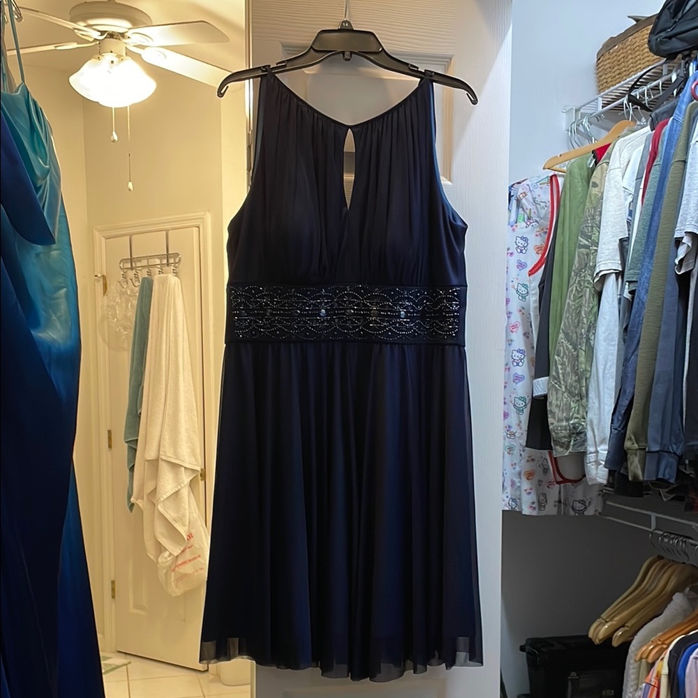 Jessica Howard Navy Blue Beaded Empire Waist Pleated Mini Dress